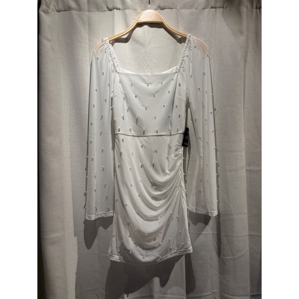 Lulus White Pearl Long Sleeve Ruched Mini Dress Square Neck Mesh XS New